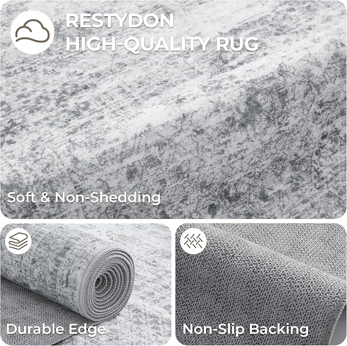 3x5 Rug for Entryway,Washable Area Rug,Grey | Small Rug for Kitchen,Hallway,Bedroom,Living Room,Dining Room,Thin,Soft, Neutral Rug,Stain Resistant Indoor Carpet,Non Slip