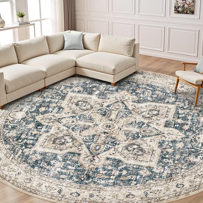 Tortania 5' Round Area Rug Living Room Rugs - Washable Boho Rug Vintage Oriental Distressed Farmhouse Large Thin Indoor Carpet for Bedroom Under Dining Table Home Office - Cream/Blue