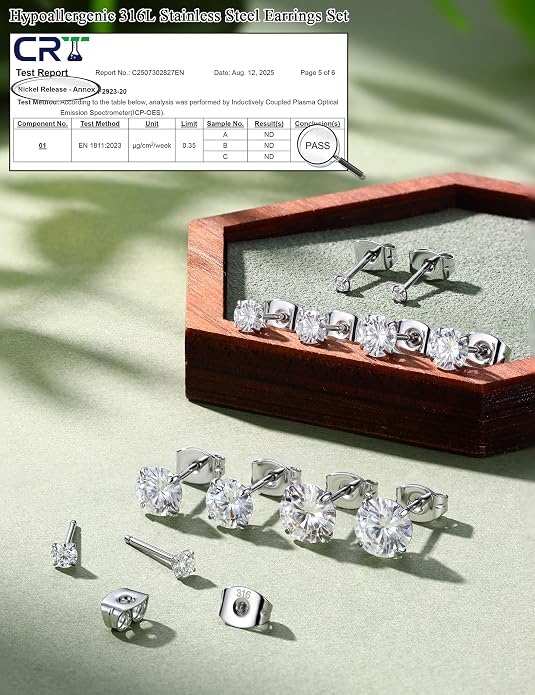 GEMQUEEN 6 Pairs 2-7mm Moissanite Earrings Studs 14K Gold Plated Stainless Steel Flat Back Earring for Women Men - Hypoallergenic Cartilage Helix Piercing Jewelry Brilliant Round Cut D Color VVS1 5.97CT