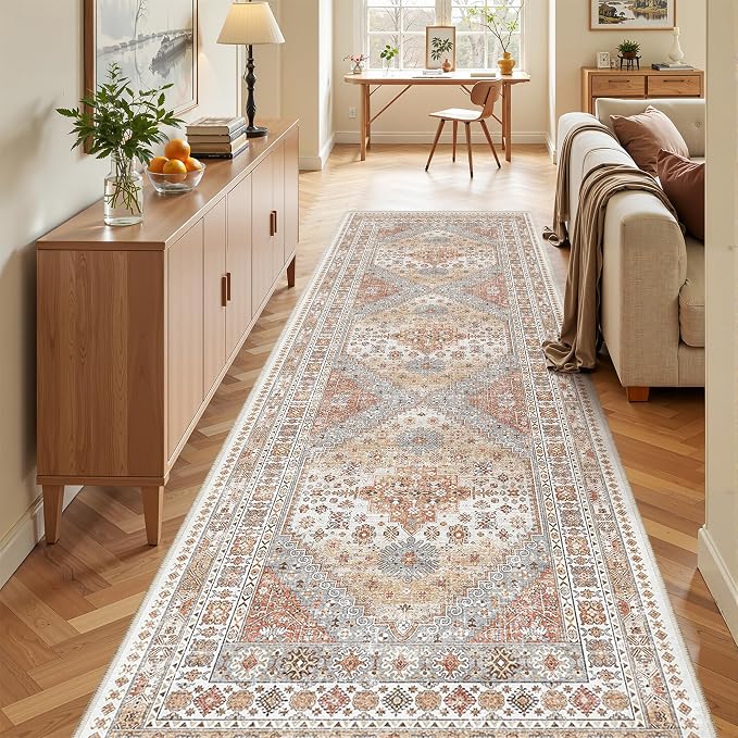 zesthome 3x10 Runner Rug Non Slip Washable for Entryway, Vintage Hallway Runner for Front Porch, Laundry Room, Bedroom, Abstract Stain Resistant Thin Indoor Kitchen Mats for Floor(Orange,3'x10')