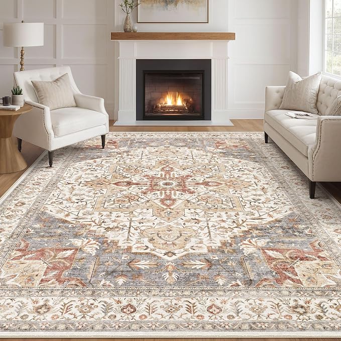 Tortania Area Rug Living Room Rugs - 10x14 Washable Boho Rug Vintage Oriental Distressed Farmhouse Large Thin Indoor Carpet for Living Room Bedroom Under Dining Table Home Office - Orange Multi