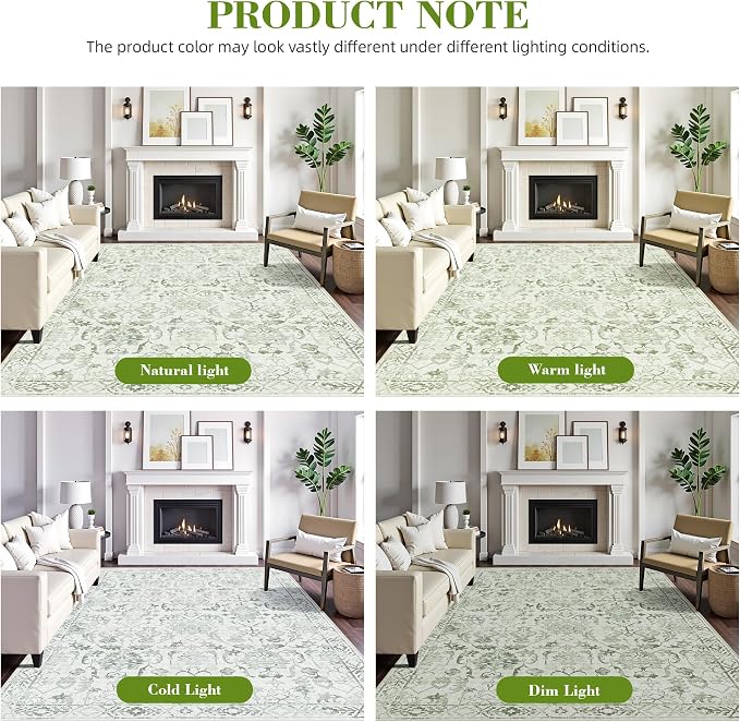 Sage Vintage Area Rug 5x7 for Living Room Bedroom, Washable Distressed Farmhouse Soft Thin Non-Shedding Indoor Throw Rug, Traditional Accent Carpet for Bedroom Office