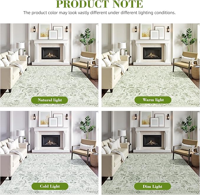 Sage Vintage Area Rug 4x6 for Living Room Bedroom, Washable Distressed Farmhouse Soft Thin Non-Shedding Indoor Throw Rug, Traditional Accent Carpet for Bedroom Office