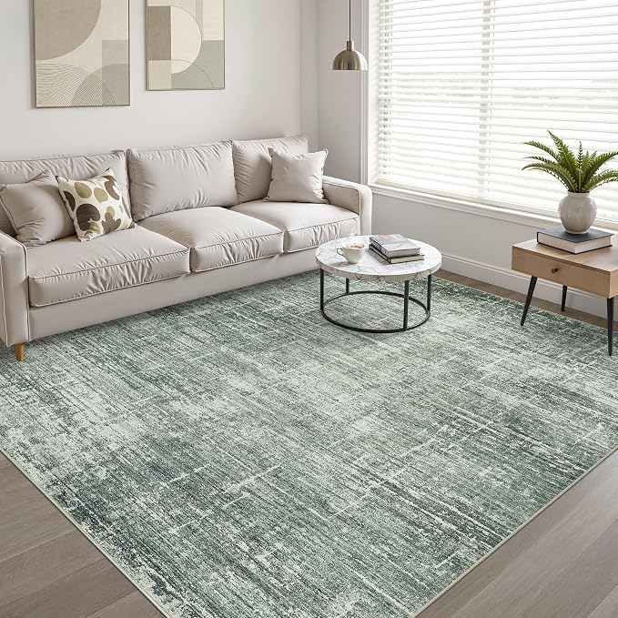 10x12 Area Rug Living Room: Washable Large Neutral Rugs Abstract Soft Modern Stain Resistant Indoor Floor Non-Slip Carpet for Bedroom Nursery Kids Office Playroom Dining Room Under Table- Dark Green