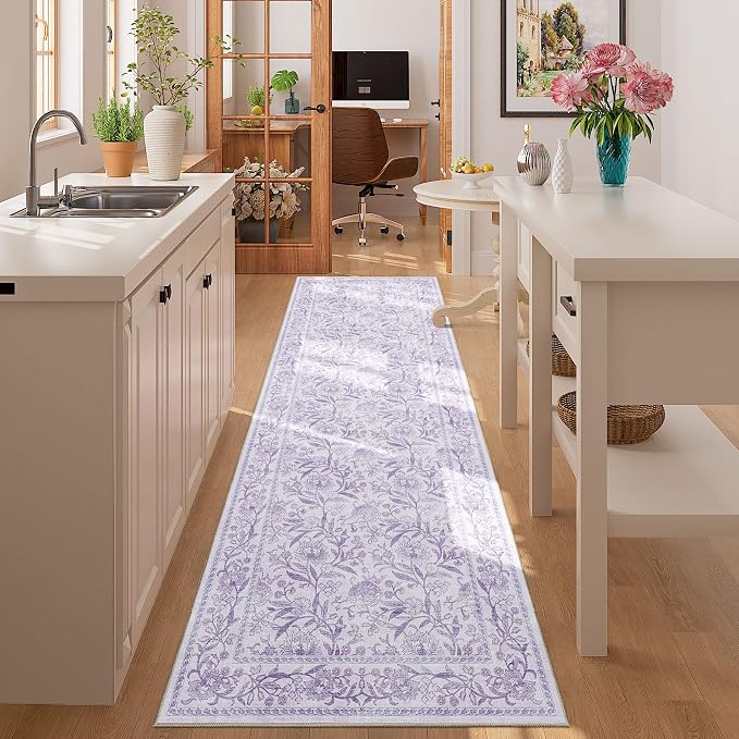 DUKINO 2x6 Runner Rug, Washable Vintage Floral Kitchen Rug, Purple | Non Slip, Low Pile, Non-Shedding, Stain Resistant Soft Carpet Runner for Hallway Bathroom Entryway Bedroom Laundry Farmhouse