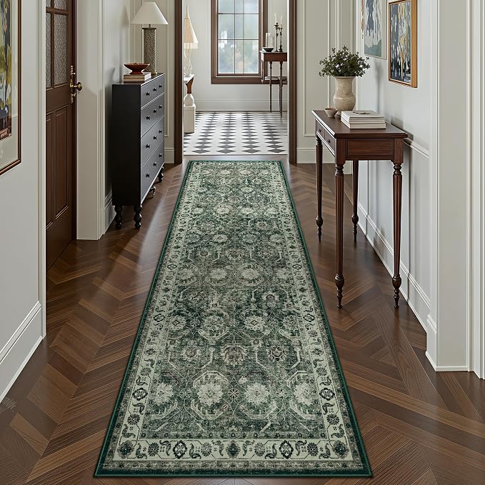 Runner Rug, Washable Non Slip Low Pile Kitchen Runner, Soft Boho Modern Rug for Hallways, Bedroom, 2'6"x 8, Sage Green