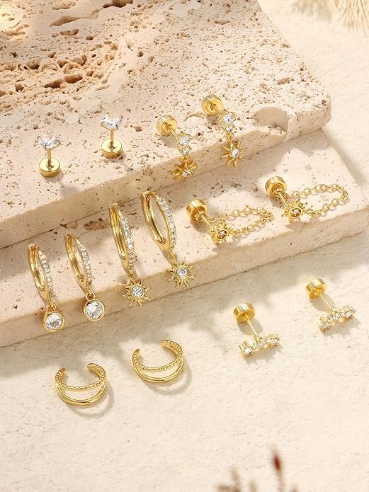 Dochais Flat Back Cartilage Earrings for Women Trendy Dainty CZ Flatback Studs Earing Sets 14k Gold Plated Hypoallergenic Huggie Hoops Earring Stacks for Multiple Piercing