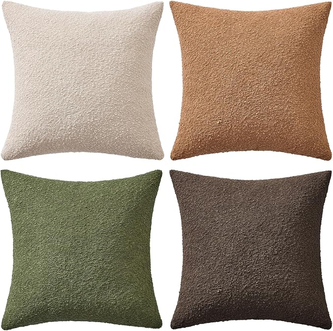 MIULEE Decorative Boucle Throw Pillow Covers 18x18 Green Brown Set of 4 | Textured Accent Pillow Cases Soft Couch Cushion Covers for Modern Farmhouse Boho Sofa Bed Livingroom Home Decor