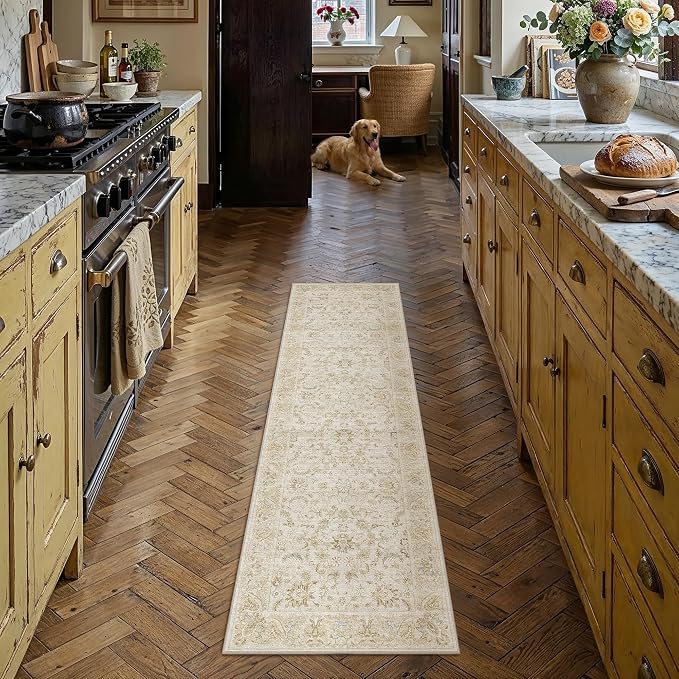 2x8 Beige Washable Runner Rug Non Slip Retro Distressed Carpet | Soft Low Pile, Lightweight Foldable, Pet Friendly, Hallway, Kitchen, Bathroom, Front Door, Beside Bed