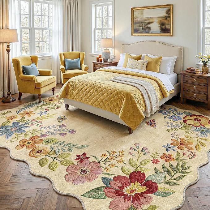 FMFUNCTEX 8x10 Washable Beige Floral Scalloped Area Rug for Living Room | Boho Vintage Flower Colorful Traditional Cream Soft Non Slip Low Pile Large Indoor Thin Carpet Bedroom Dining Room Nursery