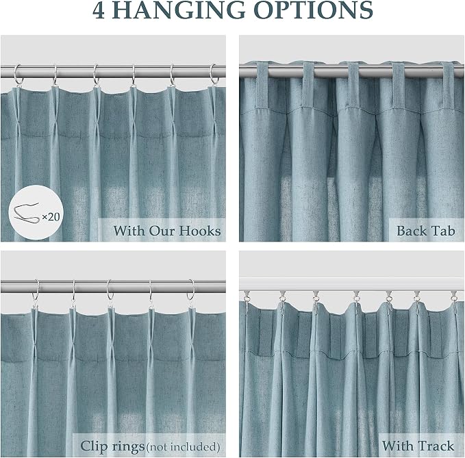 Dusty Blue Pinch Pleated Linen Curtains 84 Inch Length 2 Panels for Living Room Bedroom Light Filtering Semi Sheer Stone Slate Blue Window Curtain Boho Modern Pinch Pleat Drape Hooks 84 Inches Long