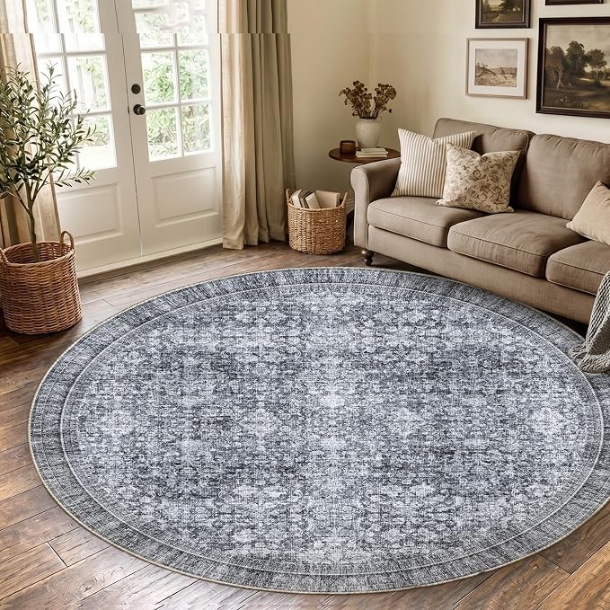 Sasttie Round Rugs 8ft, Ultra-Soft Washable Circle Rug, Low Pile Foldable Thin rugs with Non-Slip Backing, Skin-Friendly Stain Resistant Carpet for Living Room, Bedroom, Kitchen, Dorm, 8ft, Black Grey