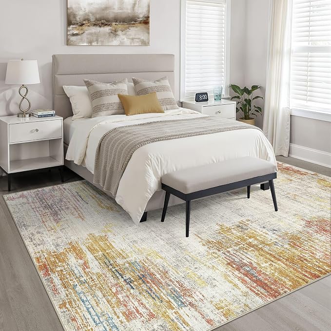 8x10 Area Rugs Living Room: Washable Large Neutral Rug Abstract Soft Modern Stain Resistant Indoor Floor Non-Slip Carpet for Bedroom Nursery Kids Classroom Playroom Dining Room Office- Gold Colorful