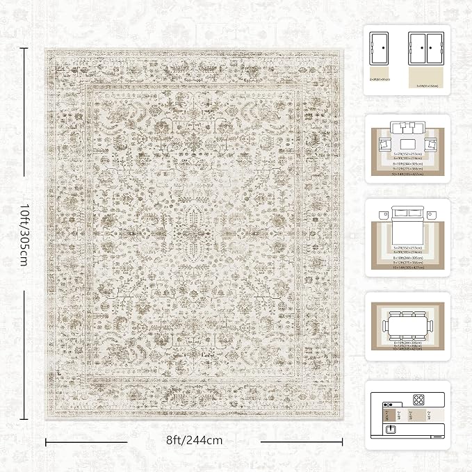 8x10 Area Rugs for Living Room, Washable Vintage Retro Floral Rug, Low Pile Non Slip Distressed Large Carpet for Bedroom, Dining Room, Office, Home (Brown)