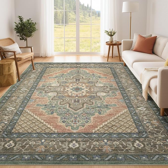 Tortania Area Rug Living Room Rugs - 6x9 Washable Boho Rug Vintage Oriental Distressed Farmhouse Large Thin Indoor Carpet for Living Room Bedroom Under Dining Table Home Office - Sage Terracotta