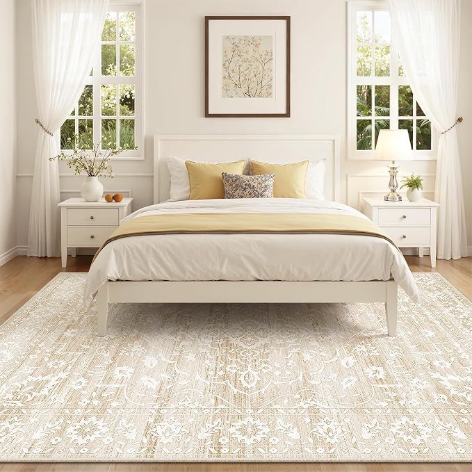 Soalmost 8x10 Area Rugs for Living Room, Washable Neutral Soft Rug Beige | Vintage Floral Non-Slip Low Pile Throw Large Carpet for Dining Room Bedroom Kitchen Home Office 8'x10'