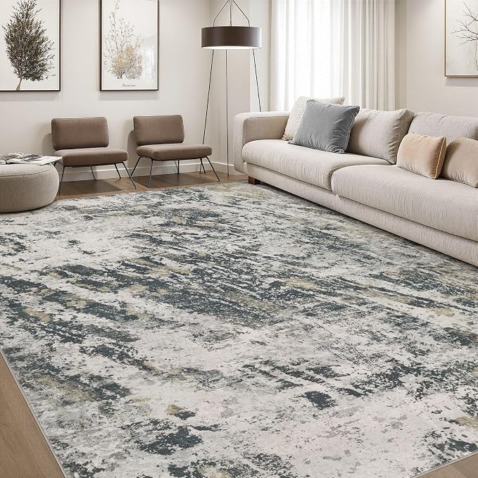 DMOYEST Area Rug Living Room Rugs - 10x14 Large Soft Indoor Neutral Modern Abstract Low Pile Washable Rug Carpet for Bedroom Dining Room Farmhouse Home Office-Black Gold/Grey
