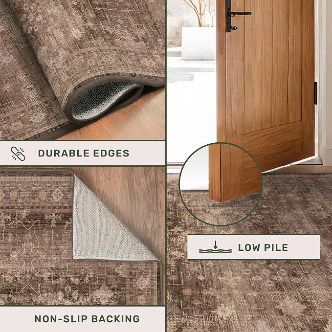 Brown Boho Washable 3x6 Entryway Runner Rug, Indoor Hallway Kitchen Floor Rug, Non-Slip Stain & Fade Resistant, Vintage Dark Neutral Floral Decor
