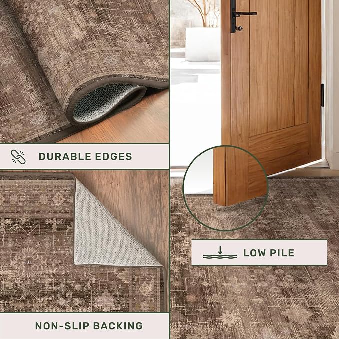 Hazo Haus Brown Earthy Boho Washable 3x10 Extra Long Hallway Runner Rug, Waterproof Large Kitchen Floor Rug Indoor, Non-Slip Stain & Fade Resistant, Vintage Dark Taupe Decor