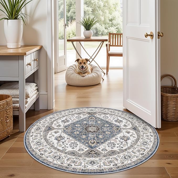 RUUGME Living Room 4round Area Rug - Boho Rugs for Living Room Vintage Tribal Rugs for Bedroom Kitchen Bathroom with Non Slip Backing Home Decor Floor Decoration Mat 4ft Navy