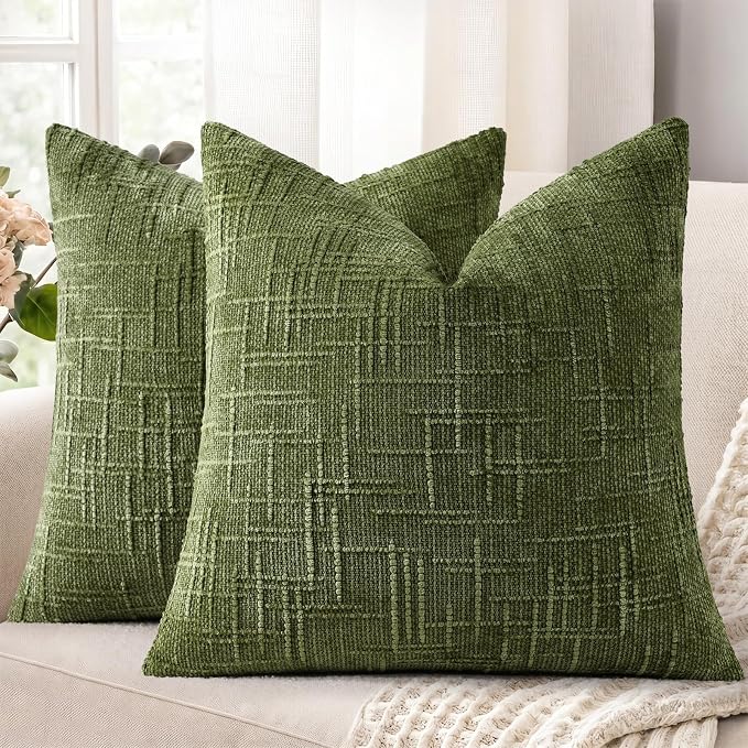 decorUhome Textured Chenille Throw Pillow Covers 18x18 Set of 2 Olive Green | Fall Modern Farmhouse Soft Cozy Slubby Couch Pillow Cases Boho Decorative Pillow Cases for Bed Sofa Living Room Home Decor