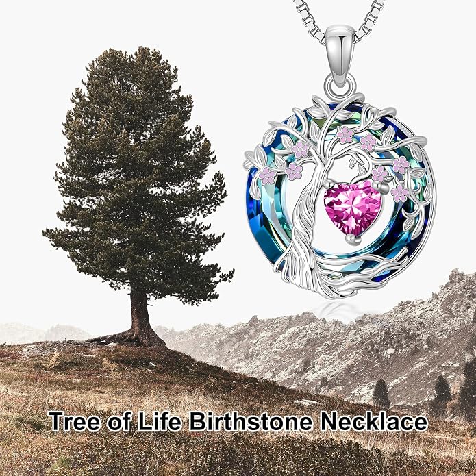 Tree of Life Birthstone Necklace 925 Sterling Silver Crystal Tree of Life Pendant Birthstone Jewelry Birthday Christmas Gifts for Women Mom Her Wife