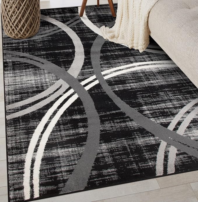 Rugshop Wavy Circles Modern Fade-Resistant Area Rug Black 3'3" x 5'