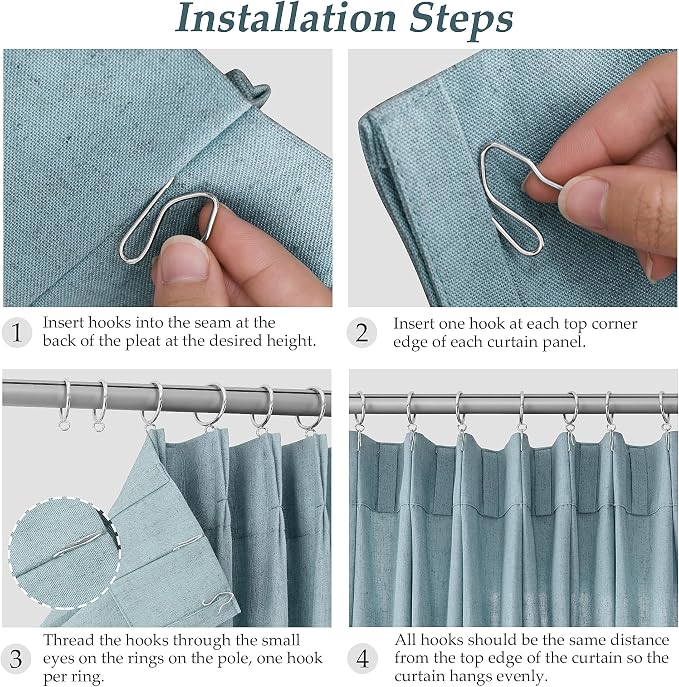 Dusty Blue Pinch Pleated Linen Curtains 84 Inch Length 2 Panels for Living Room Bedroom Light Filtering Semi Sheer Stone Slate Blue Window Curtain Boho Modern Pinch Pleat Drape Hooks 84 Inches Long