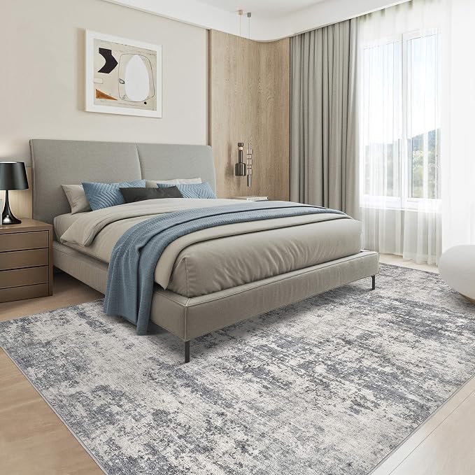 Abstract 9x12 Area Rug: Machine Washable Non Slip Ultra Thin Low-Pile Carpet, Soft Stain Resistant for Living Dining Room Bedroom, Kid Pet Friendly, Robot Vacuum Compatible - Beige Dark Grey