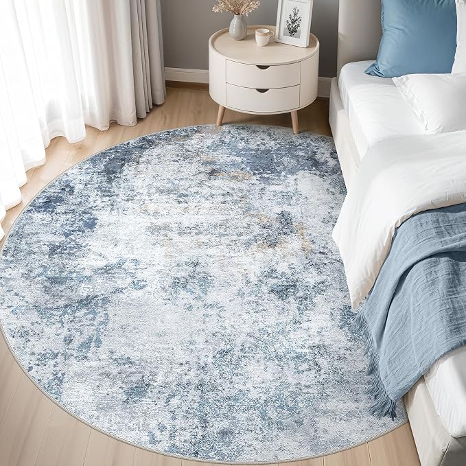 DMOYEST 6ft Round Area Rug for Living Room - 6x6 Washable & Non Slip Circle Rug, Kid & Pet Friendly Soft Low Pile Abstract Carpet for Bedroom and Dining Room - Blue