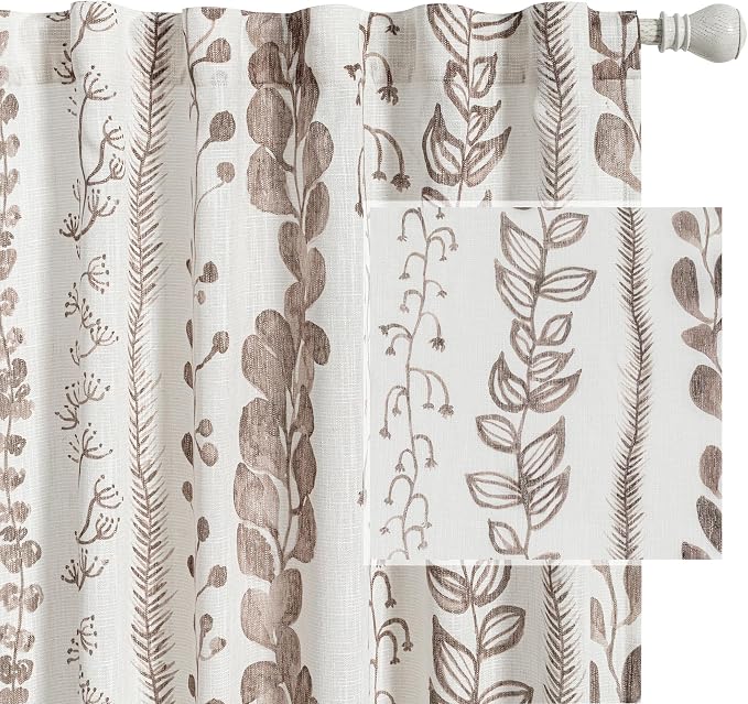 MEETSKY Boho Curtains for Bedroom Linen Style Boho Curtains 84 Inches Long 2 Panels Brown Semi Sheer Privacy Protection Drapes for Living Room Printed Window Treatment, 50x84 Inch