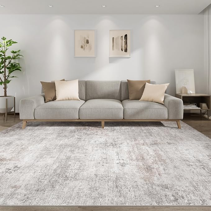 Abstract 5x7 Area Rug: Machine Washable Non Slip Ultra Thin Low-Pile Carpet, Soft Stain Resistant for Living Room Bedroom Nursery, Kid Pet Friendly, Robot Vacuum Compatible - Brown Grey