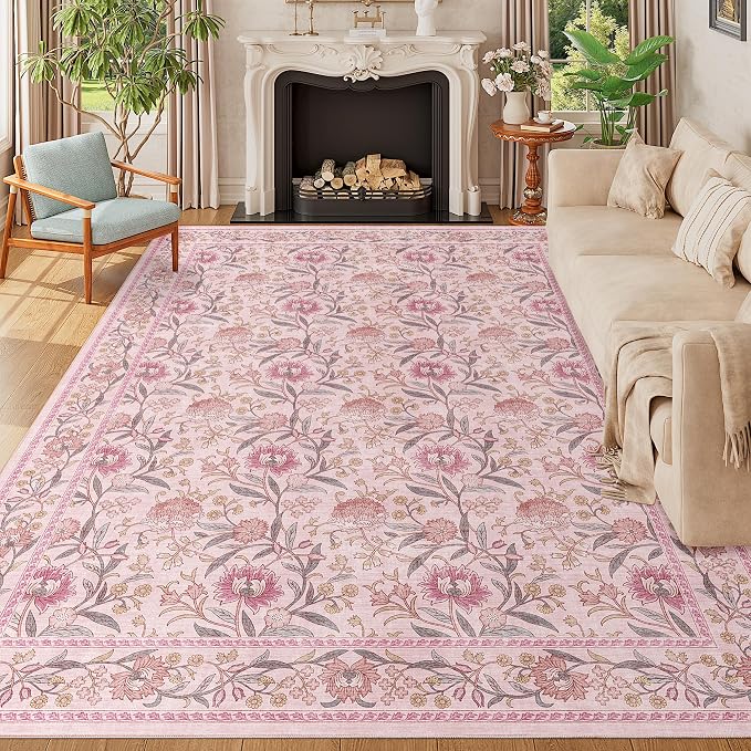 DUKINO 9x12 Area Rug for Living Room, Vintage Floral Washable Rug, Pink | Non Slip, Low Pile, Non-Shedding, Stain Resistant, Aesthetic Soft Indoor Large Carpet for Bedroom Dining Room Farmhouse