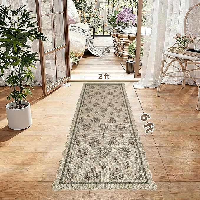 ORTIGIA Scalloped Easy Jute 2x6 Kitchen Runner Rug Vintage Brown Floral Accent Farmhouse Washable Rug Non-Slip Outdoor Carpet for Entryway Indoor Hallway Patio Laundry Room