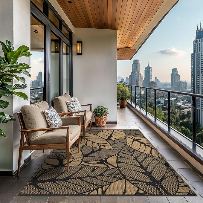 GENIMO Outdoor Rug, Waterproof Plastic Rugs for Patio, 6'x9' Onyx Brown | Outside Larger Leaf Carpet Mat for Porch Decor, Deck, Balcony, Camping, RV, Backyard, Picnic, Beach, Reversible, Foldable
