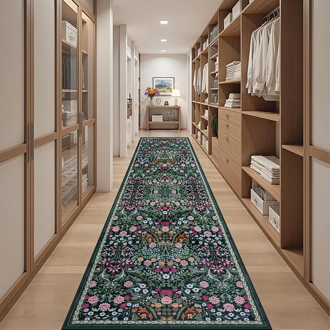 Runner Rug for Entryway: 2.6x14 Kitchen Rugs Non Slip Washable Ultra-Thin Soft Floral Carpet Indoor Floor Stain Resistant Carpets for Hallway Bedroom Kitchen Laundry Bathroom Dorm Dark Green