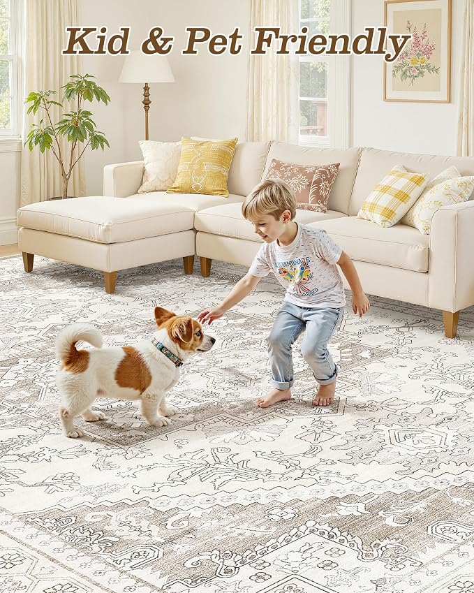 10x14 Vintage Area Rug: Washable Neutral Soft Non Slip Thin Large Floor Carpet for Living Room Bedroom Kitchen Dining Room Home Office Farmhouse Indoor - Brown