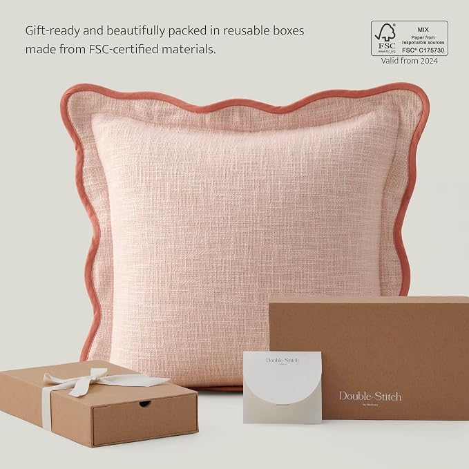 Double Stitch Scalloped Throw Pillow Covers - 100% Cotton Decorative Boho Pillow Covers 20 x 20, Made in India, Square Cushion Case, Modern Home Decor for Couch Sofa Living Room, Shell Pink