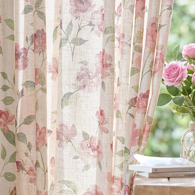jinchan Pink Floral Linen Curtains 63 Inch Cottagecore Back Tab 2 Panels | Light filtering drapes, semi sheer, farmhouse, watercolor, romantic, living room, bedroom, rod pocket, window treatment