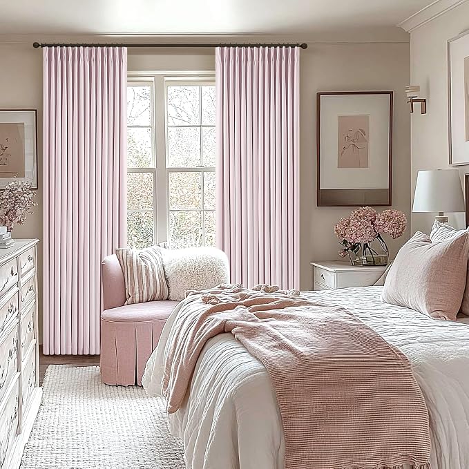 TWODRAPES Light Pink Pinch Pleated 100% Blackout Linen 84 Inch Curtains | Room Darkening with Liner, Memory Shape Pleat Back Tab, Thermal Insulated, for Living Room Nursery Girls Bedroom, W40xL84