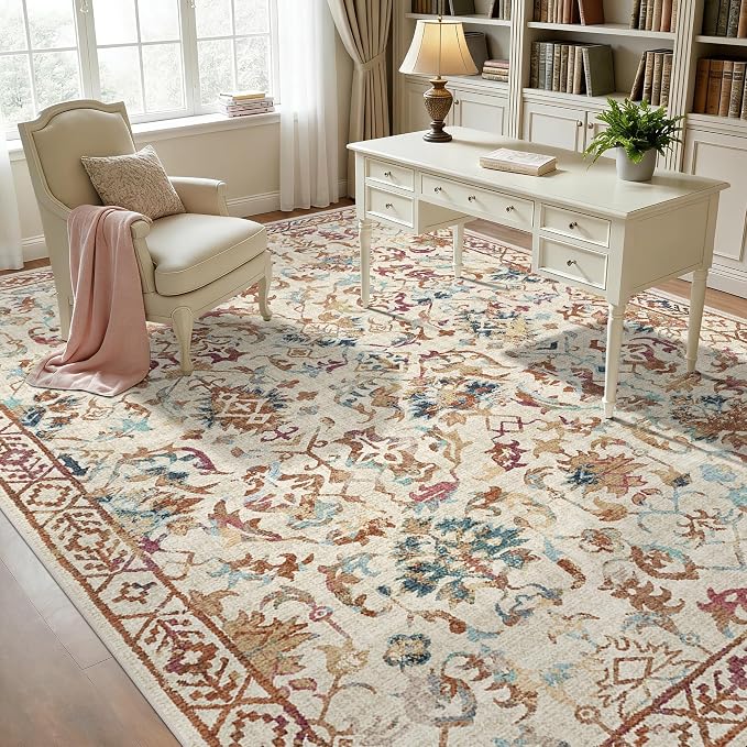 Deerly Beige Colorful Neutral Large Area Rug 9x12 for Living Room, Washable Rug for Dining Room Bedroom, Anti-Slip Low-Pile and Soft Accent Rug Farmhouse Office Home Decor Light Green