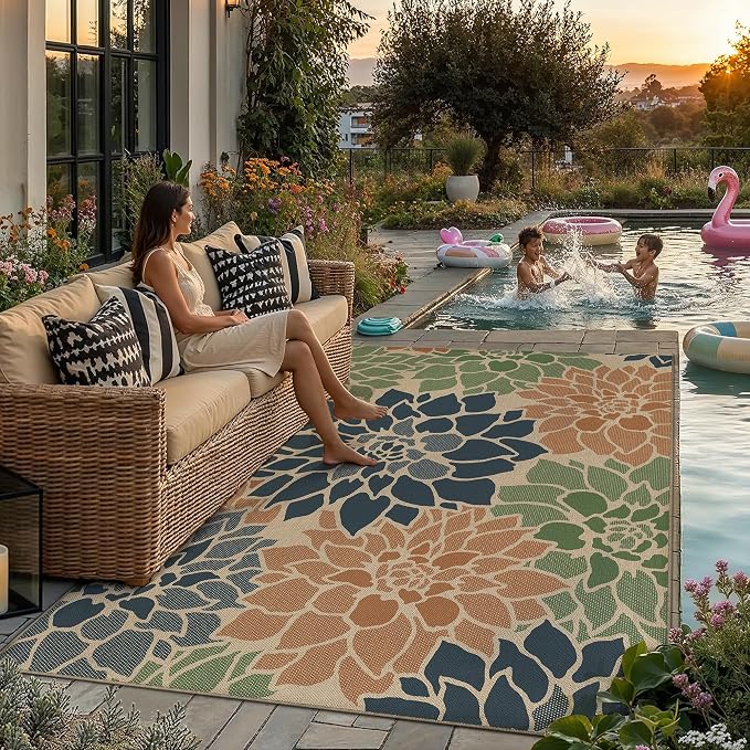 PureCozy 5x8 Easy Jute Outdoor Rug Navy/Organge Floral Textured Indoor Outdoor Area Rug Farmhouse Patio Carpet for Backyard, Patio, Porch, Easy-Cleaning, High Traffic, Pet-Friendly, Non-Shedding