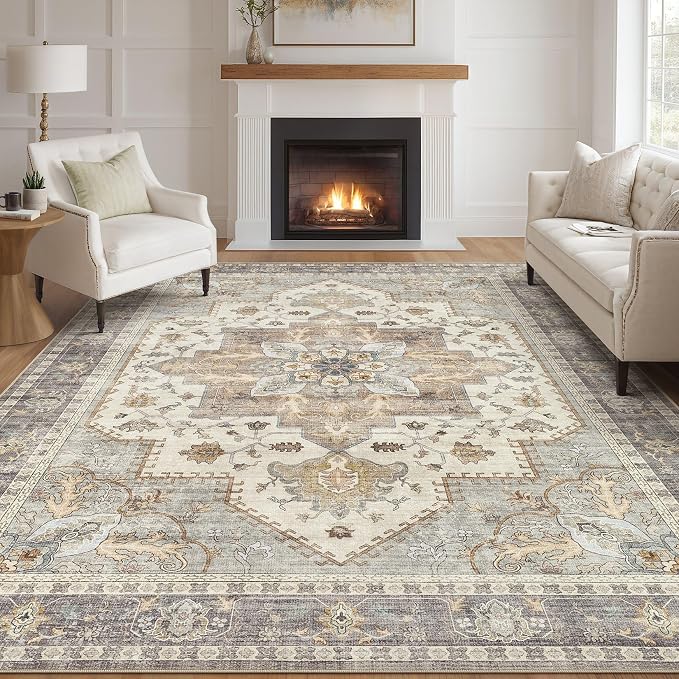 Tortania Area Rug Living Room Rugs - 8x10 Washable Boho Rug Vintage Oriental Distressed Farmhouse Large Thin Indoor Carpet for Living Room Bedroom Under Dining Table Home Office - Greige