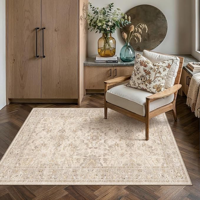 3x5 Beige Washable Area Rug Non Slip Vintage Carpet | Soft Low Pile, Lightweight Foldable, Pet Friendly, Living Room, Bedroom, Dining Room, Entryway, Office