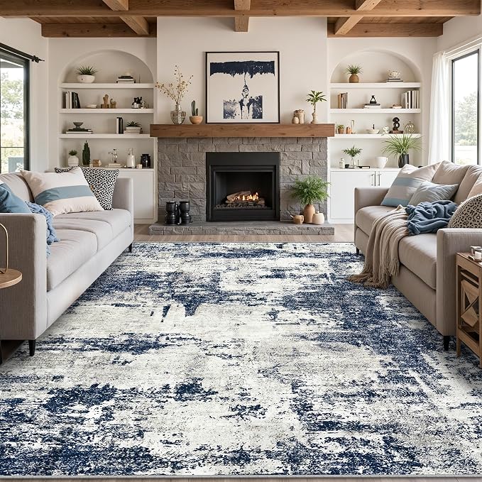 10x14 Area Rugs Living Room Rugs: Large Washable Rug with Anti-Slip Backing Non-Shedding Stain-Resistant Soft Abstract Carpet for Bedroom Dining Room Nursery Home Office-Blue/Gray