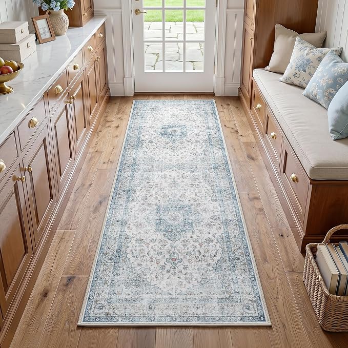 FMFUNCTEX 2x6 Hallway Runner Rug Blue Vintage Washable Distressed Oriental Non Slip Low Pile Neutral Indoor Carpet Retro Antique Thin Entryway Rug for Kitchen Bedroom Bedside Laundry Entry Bathroom