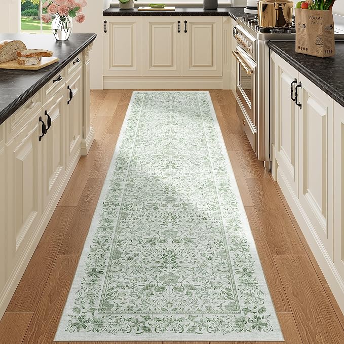 DUKINO 2.6x8 Runner Rug, Washable Vintage Floral Kitchen Rug, Sage Green | Non Slip, Low Pile, Non-Shedding, Stain Resistant, Soft Throw Carpet Runner for Hallway Bathroom Laundry Entryway Farmhouse