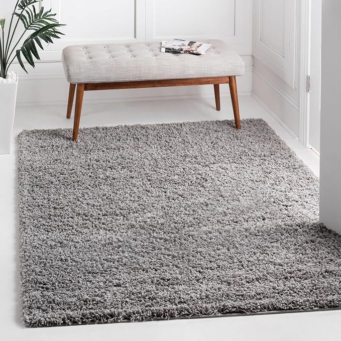 Unique Loom Solid Shag Collection Area Rug (5' 1" Square, Cloud Gray)
