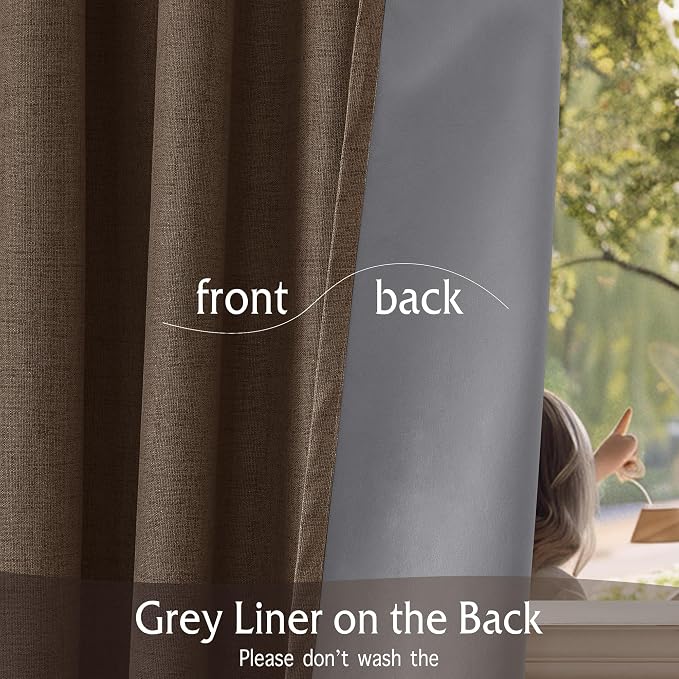 RYB HOME Brown 100% Blackout Curtains 63 inch Long, Light Blacking & Thermal Insulated Linen Curtains for Nursery/Bedroom/Boys'Room, Back Tab & Rod Pocket Window Treatment, W52 x L63, 2 Panels