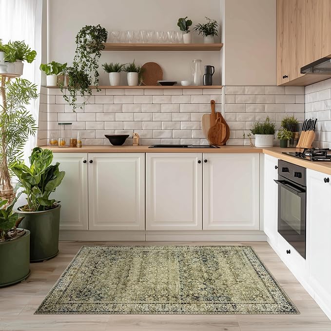 Vintage Design Floral Area Cream Rug Distressed Carpet Washable Non Slip Rug Kitchen Bedroom Dining Room 3x5 Cover Print,Tan Brown and Cream Beige